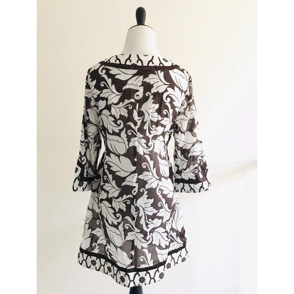 Bebe | Floral V-neck Tunic Size S Brown Silk Cotton Side Split Pullover Shirt - Picture 3 of 9